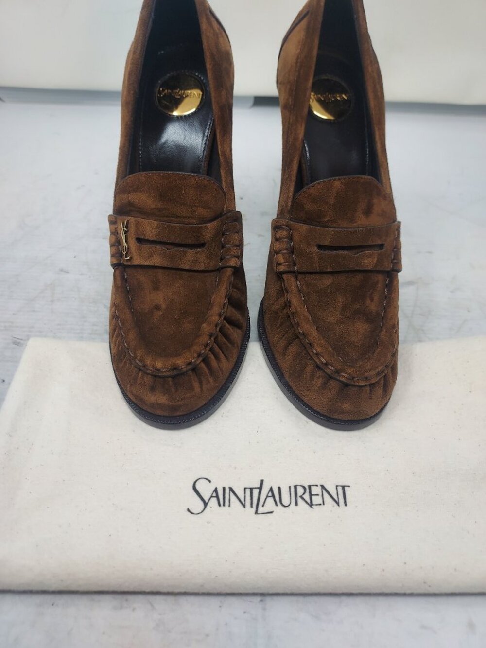 SAINT LAURENT YSL Brown Le Loafer Logo Suede Pump - Picture 9 of 12